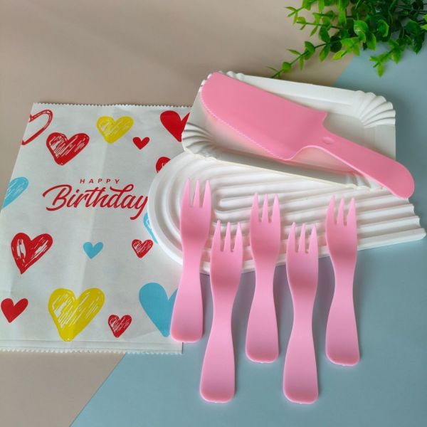 Plastic or Paper Bag Inner Package Birthday Cake Cutlery Set with Knife Fork and Plate