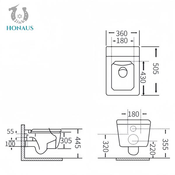 Luxury Bathroom Wall Hung Toilet Bowl Dual Flush 505*305*360mm Nano Glaze