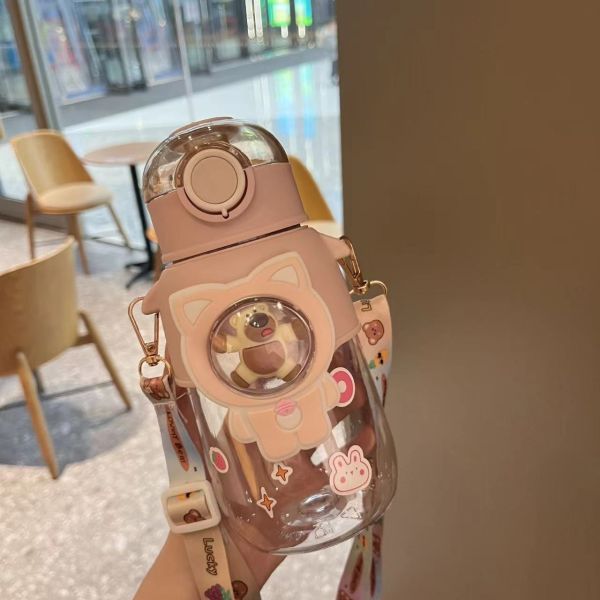 Style Drinking Sports Bear Cartoon Kids Outdoor 680ml Plastic Water Bottle With Straw