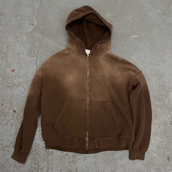 Gym Brown Acid Wash Fleece Zip Hoodie Streetwear Cotton Hoodie Blank Zip Up Vintage Acid Wash Sun Faded Distressed