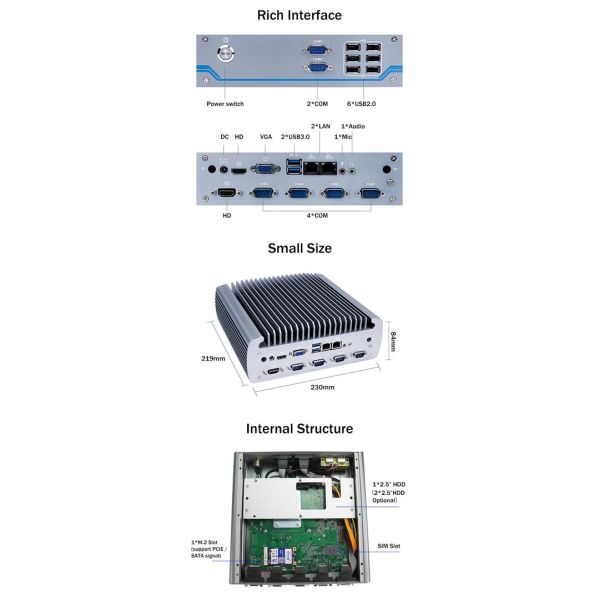 Intel Core I5-8500T Алюминиевое шасси Мини-ПК, безвентационный промышленный ПК IBOX-605