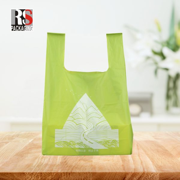 T-Shirt reciclado con mango de parche Bolsas de plástico para tiendas de comestibles Color personalizado