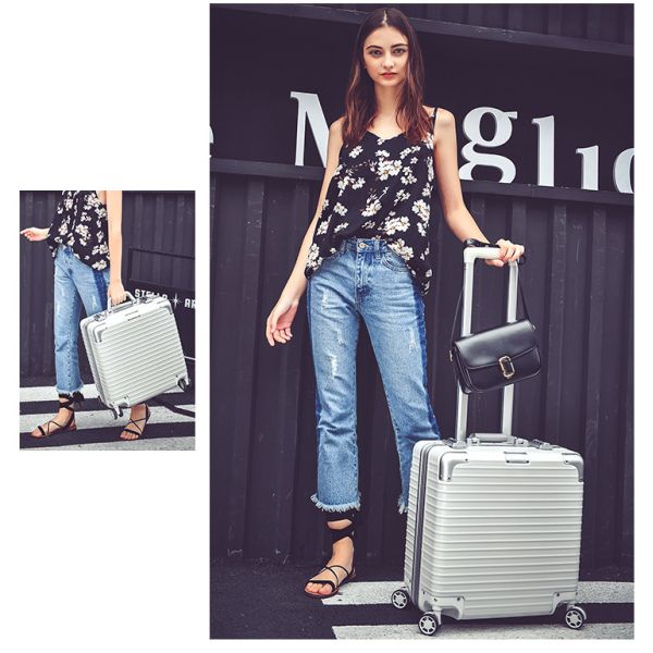 Equipaje de 18 pulgadas, equipaje de embarque pequeño multifuncional, maleta de aluminio para negocios, contraseña para hombres y mujeres 17 caja dura de viaje