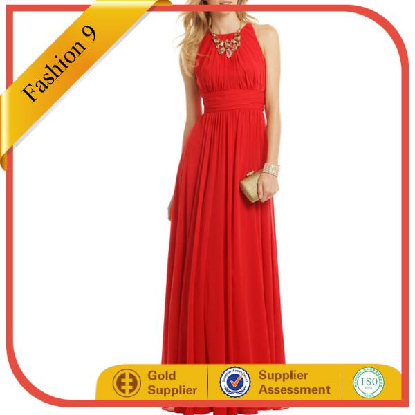 Women Floor Length Red Pleated Evening Dress