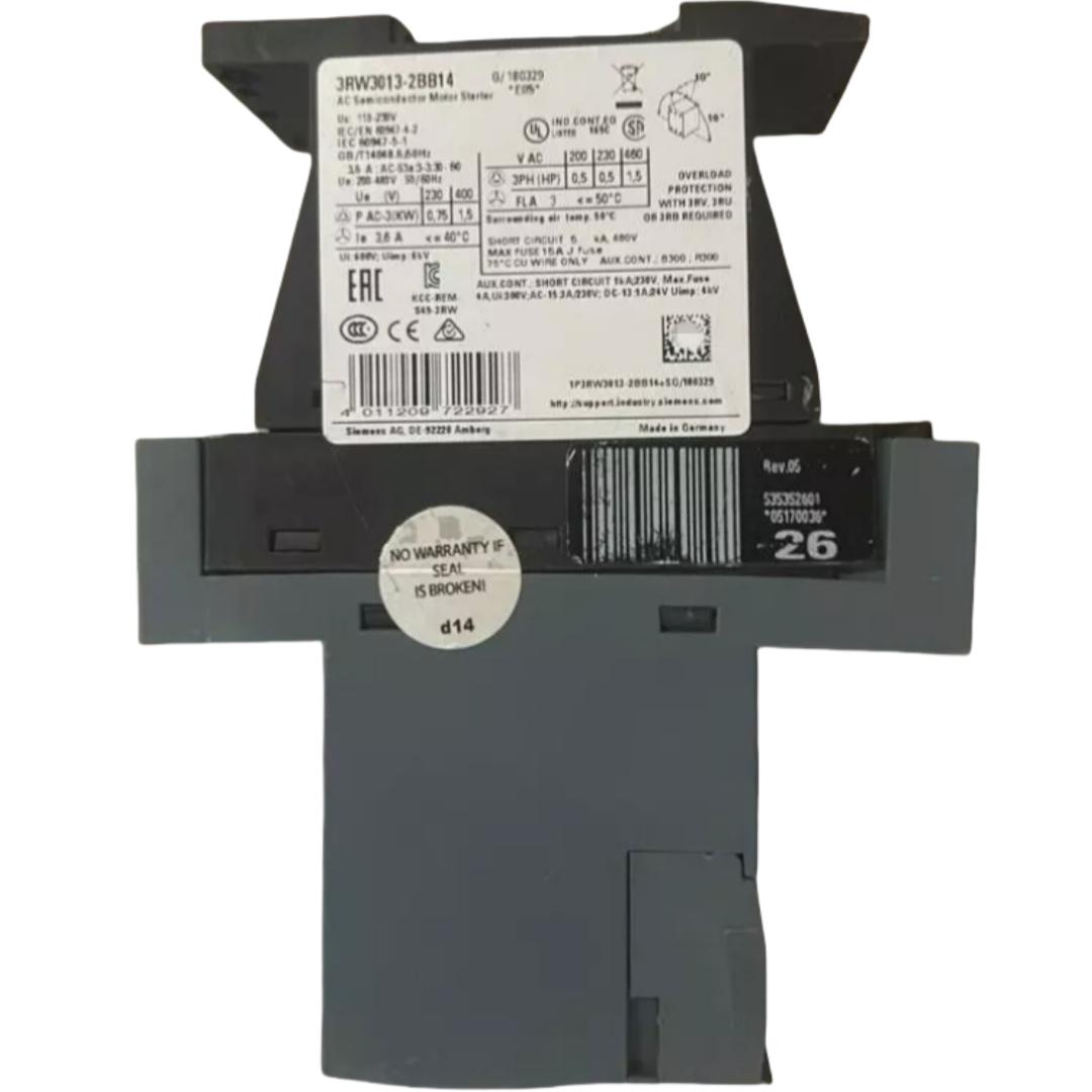 SIEMENS 3RW3013-2BB14 SIRIUS SOFT STARTER S00 3,6 A, 1,5 KW/400 V, 40 °C 200-480 V CA, 110-230 V CA/CC