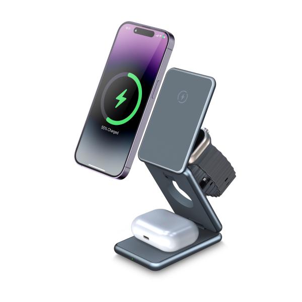 3 em 1 Corpo de liga de alumínio todo metal portátil dobrável telefone magnético fones de ouvido relógio carregador sem fio 15w