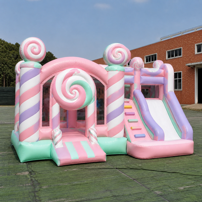 Pastel Candy Inflatable Bouncer Slide with Lollipop Decorations Dual Play Areas and Safety Mesh