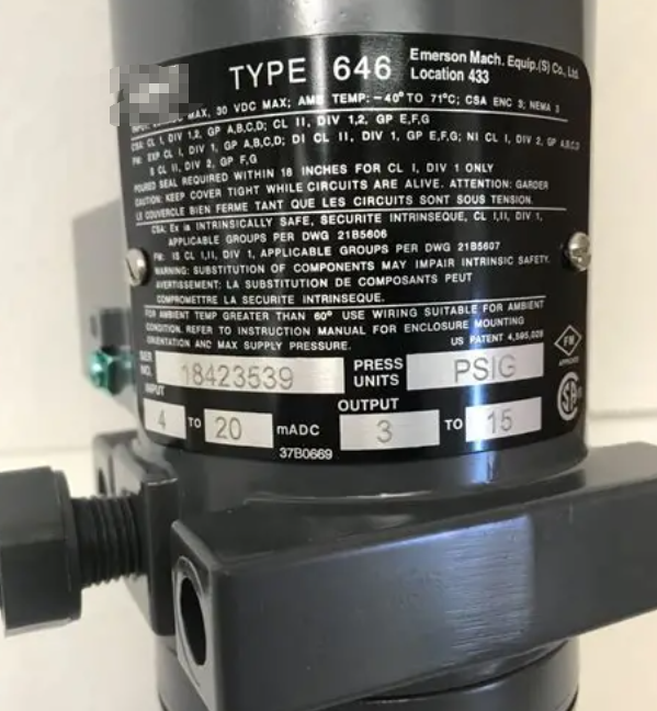 Rosemounte type 646 Electro-Pneumatic Transducer Mounted on a Sliding‐Stem Actuator