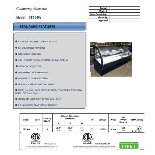 pastry vitrine refrigerator countertop refrigerated display case with CE/ETL