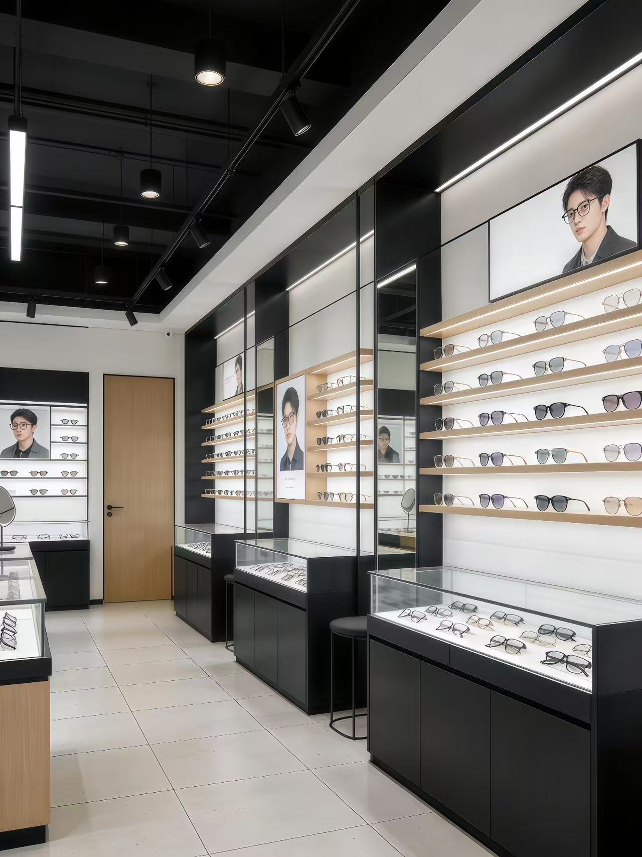 Contemporary Wooden Optical Display Cabinets Custom Eyewear Showcase with LED Lights