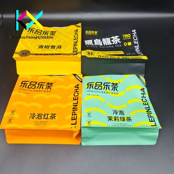 Side Zipper Eco Friendly Tea Bag Packaging with Customizable Flat Bottom in Various Sizes