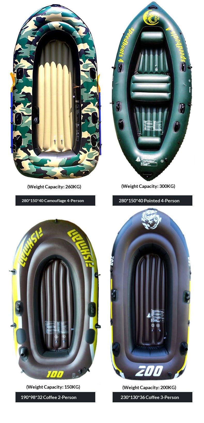 New Thickened Inflatable Kayak Rubber Dinghy Fishing Boat Air-Cushion Craft Lifeboat Outdoor Watercraft 480L Capacity 2-5