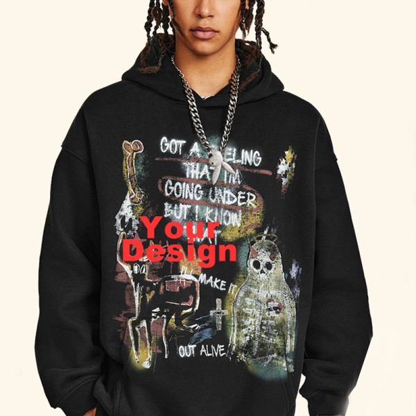 345G Heavyweight Vintage Devil Graffiti Print Oversized Hoodie American Streetwear Pullover Support Custom Logo OEM ODM