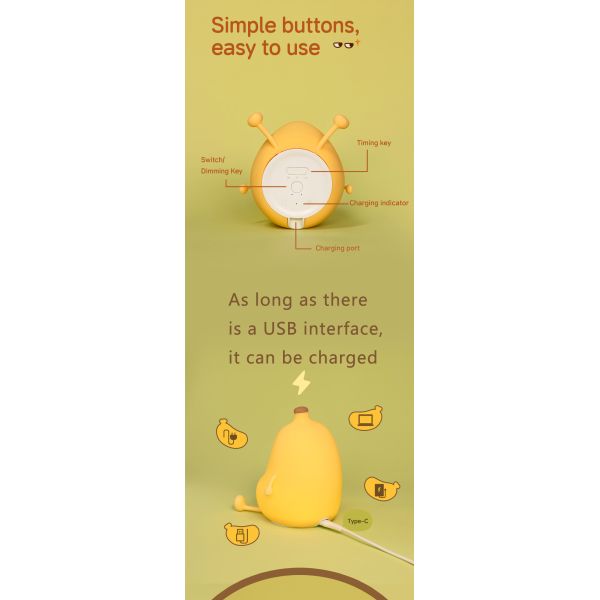 Cute Banana Cartoon Fruit LED Night Light Silicone Lamp Touch Sensor Timing USB Rechargeable Children Bedroom Birthday Gift