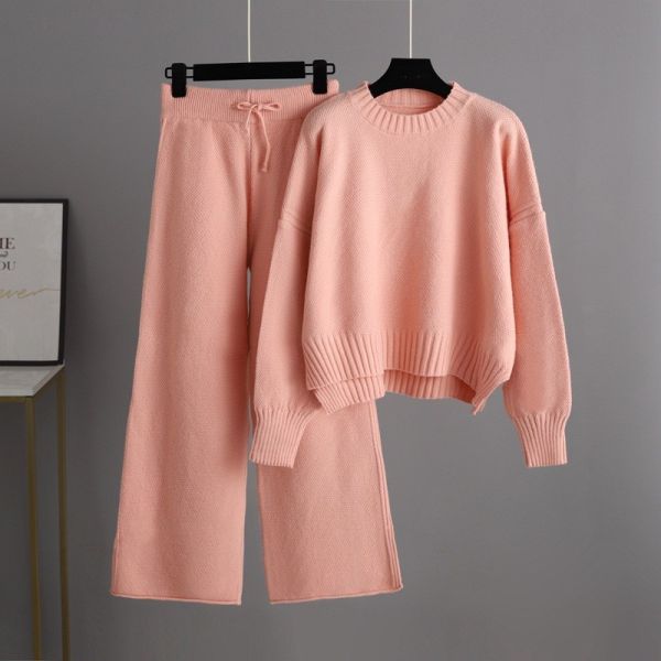 Women s Sweaters with Pullover Closure for Outdoor Activities in Fall Season Knitted long sleeved sweater wide leg pants