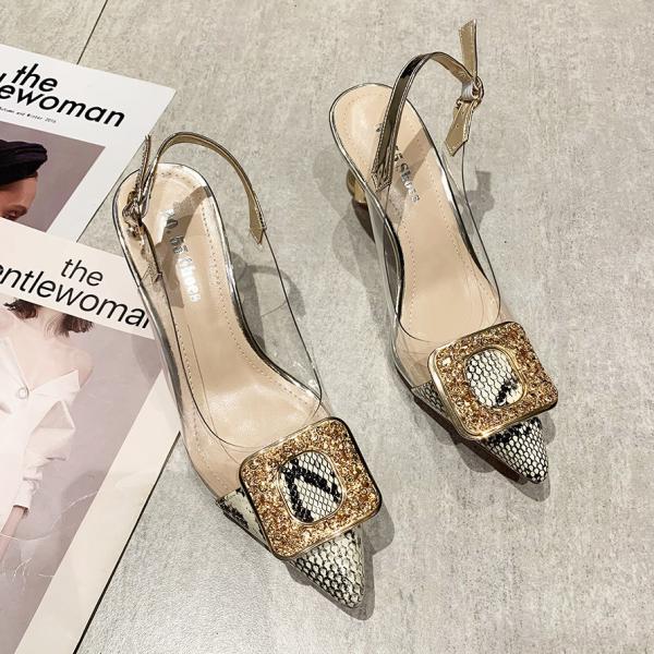 6111-7 Sexy Pointed-Toe Rhinestone Snake Print High-Heeled Shoes With Thin Sandals And Transparent Back Straps Women'S S