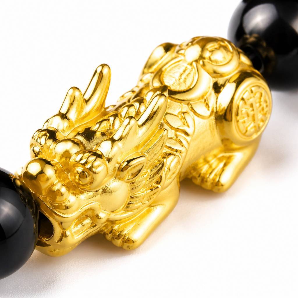 24K Gold Pixiu Taoist Bracelet with Black Obsidian Beads for Wealth Luck