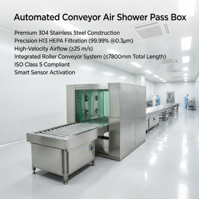Powered Roller Conveyor Air Shower with Dual HEPA Filters and 304 Stainless Steel Frame for ISO 14644 & GMP Compliant Cleanroom Transfer System