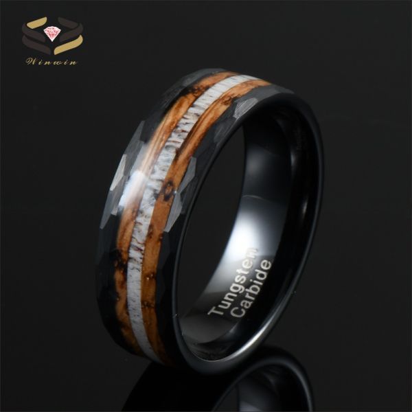 8mm Hammered Whiskey Barrel Wood and Deer Antler Inlay Black Tungsten Rings Children's Wedding Bands Gender Children's