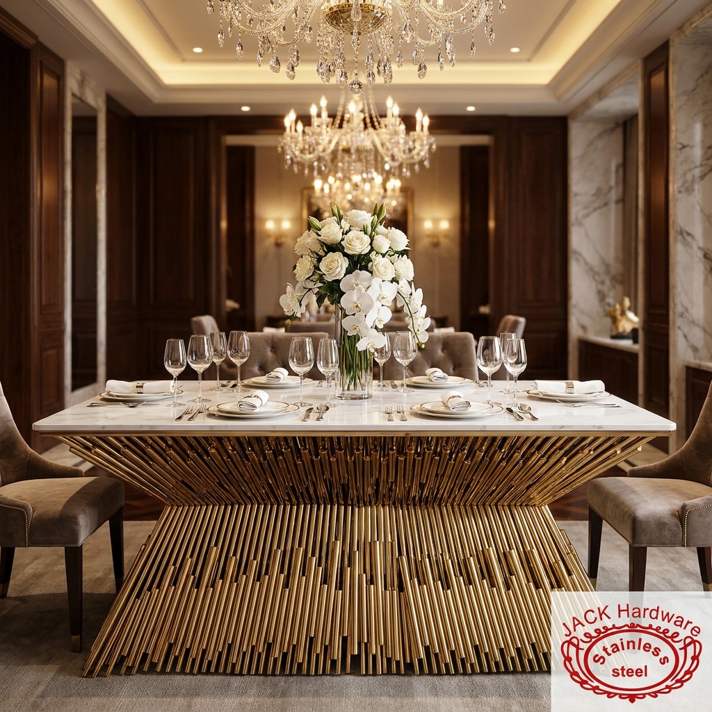 WENDING Gold Fountain Tube-Bundle Base Marble-Top Dining Table – Sculptural Hotel Table