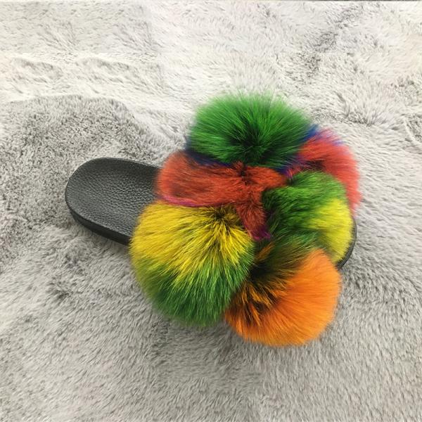 Wholesale Fluffy Slippers Multi - Color Spliced Vamp Furry Slippers For Women Real Fox Fur Slides