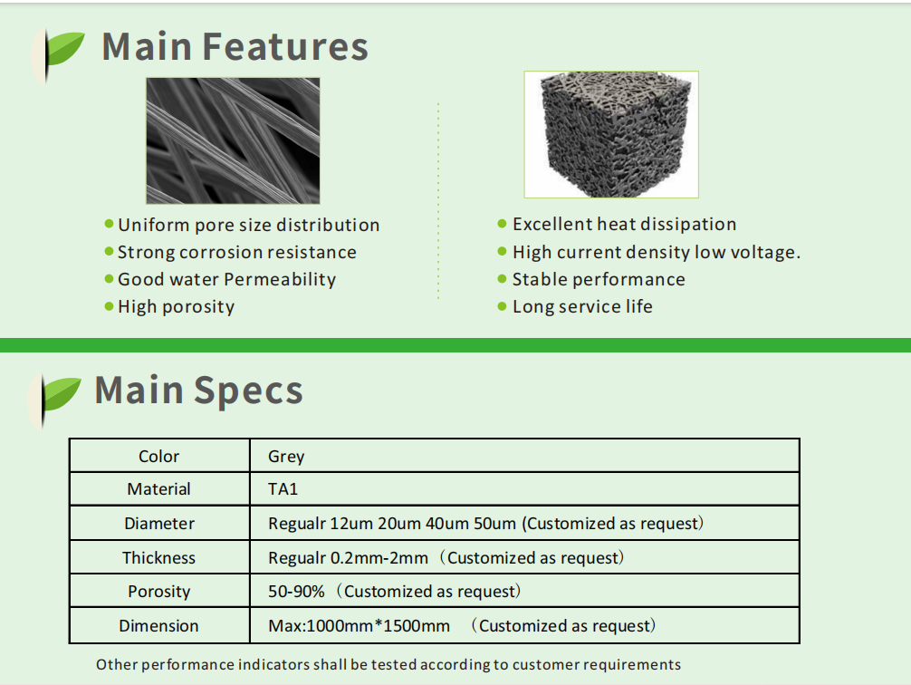 8um 12um 20um Титановые волокна Пористые фильт Ключевые материалы GDL слой для водородного топливного элемента PEM