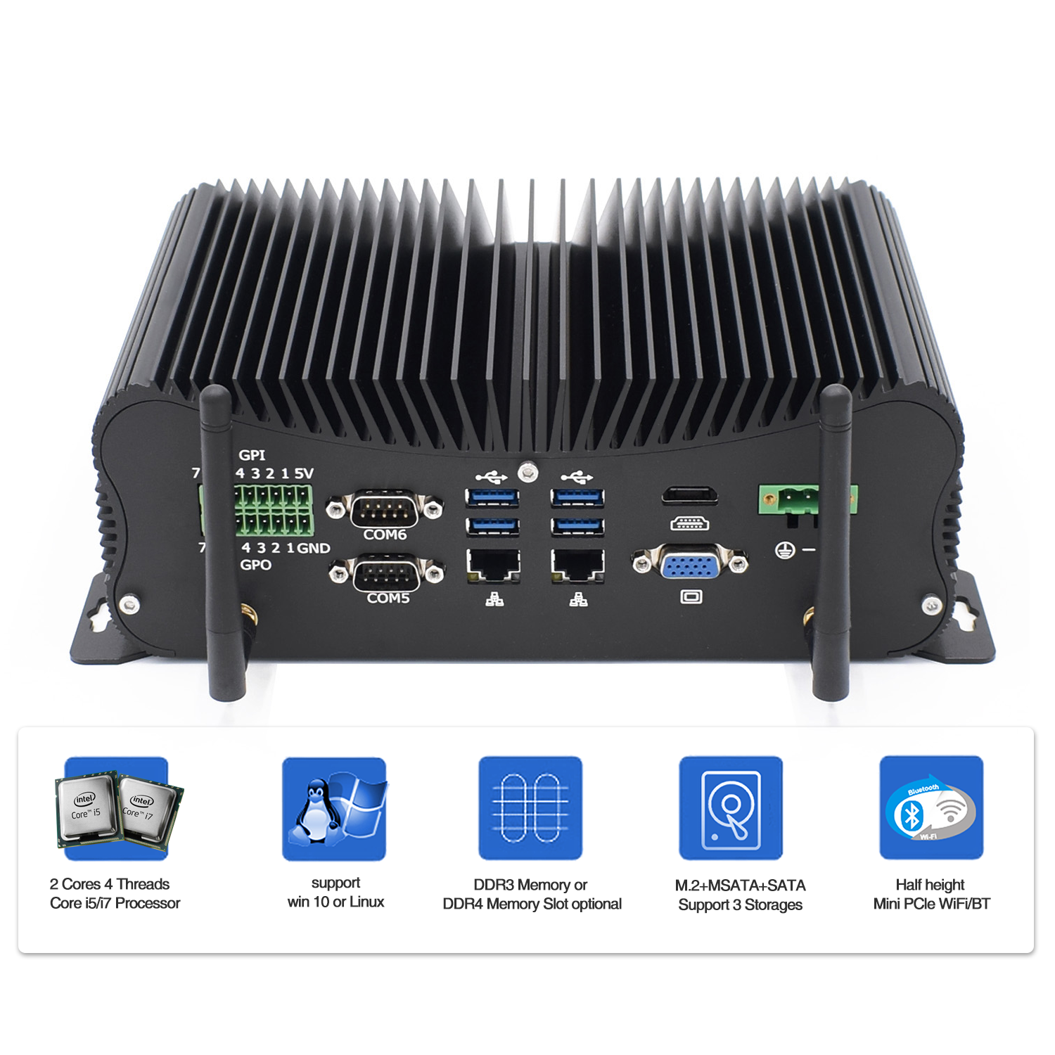 PCIE Fanless Industrial Mini Pc Intel I5 I7 GPIO LPT 6 COM 2 Lans 8 USB Box
