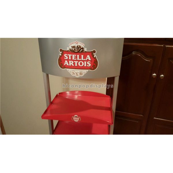 4 Wheels Wine Display Stand Red Heavy Metal Beer Display Shelf 4 Layer For Stores