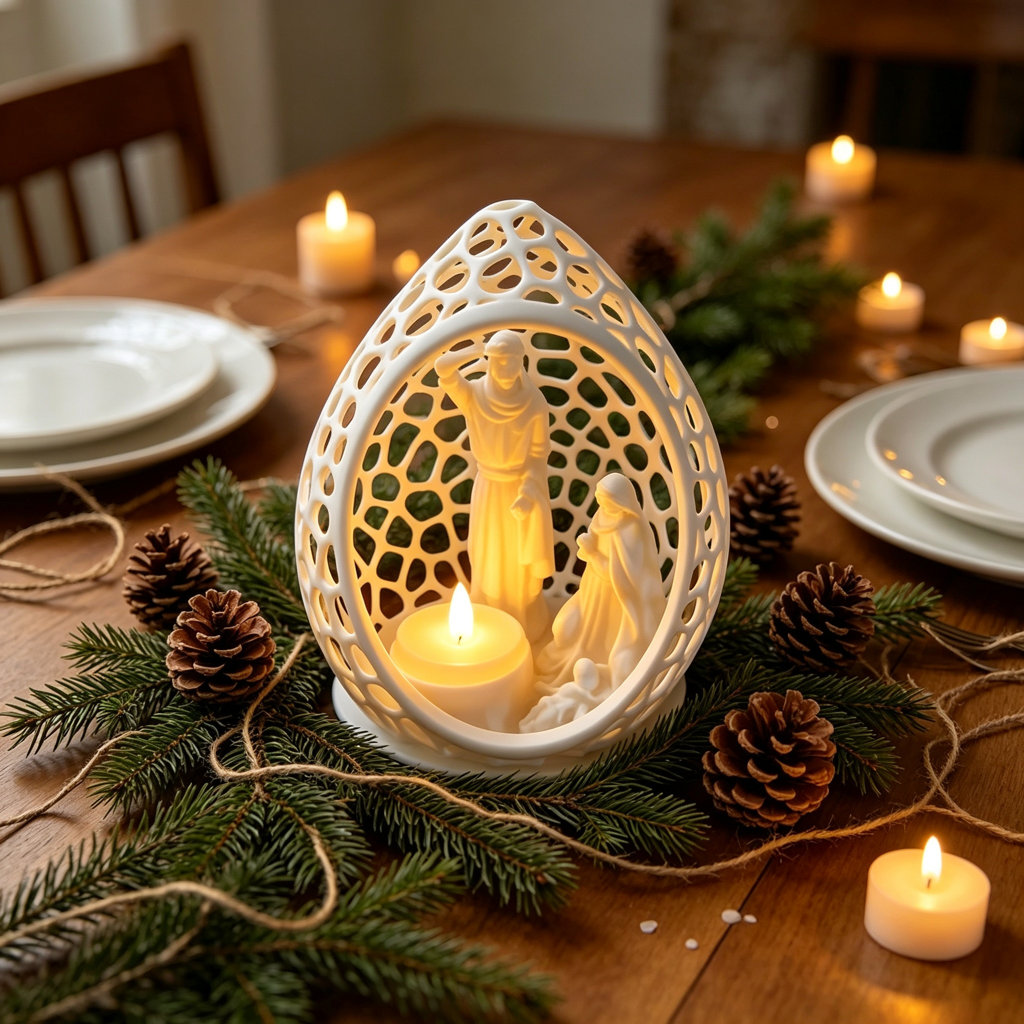 3D Printed Holiday Decoration‑Nativity Scene Tealight Holder, Hollow Egg‑Shaped Christmas Candle Holder