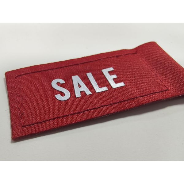 Étiquette de VENTE de vêtements avec logo de marque personnalisé, sérigraphie, étiquette tissée pour vêtements