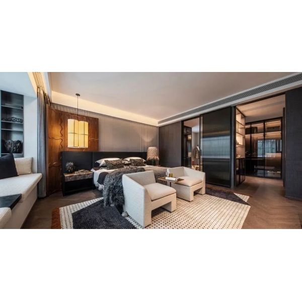 OEM/ODM CUSTOM LUXURY MODERN HOTEL BEDROOM FURNITURE SET | SOLID WOOD FRAME BED, MARBLE NIGHTSTAND, UPHOLSTERED CHAIR & DESK FOR VILLA, RESORT & APARTMENT