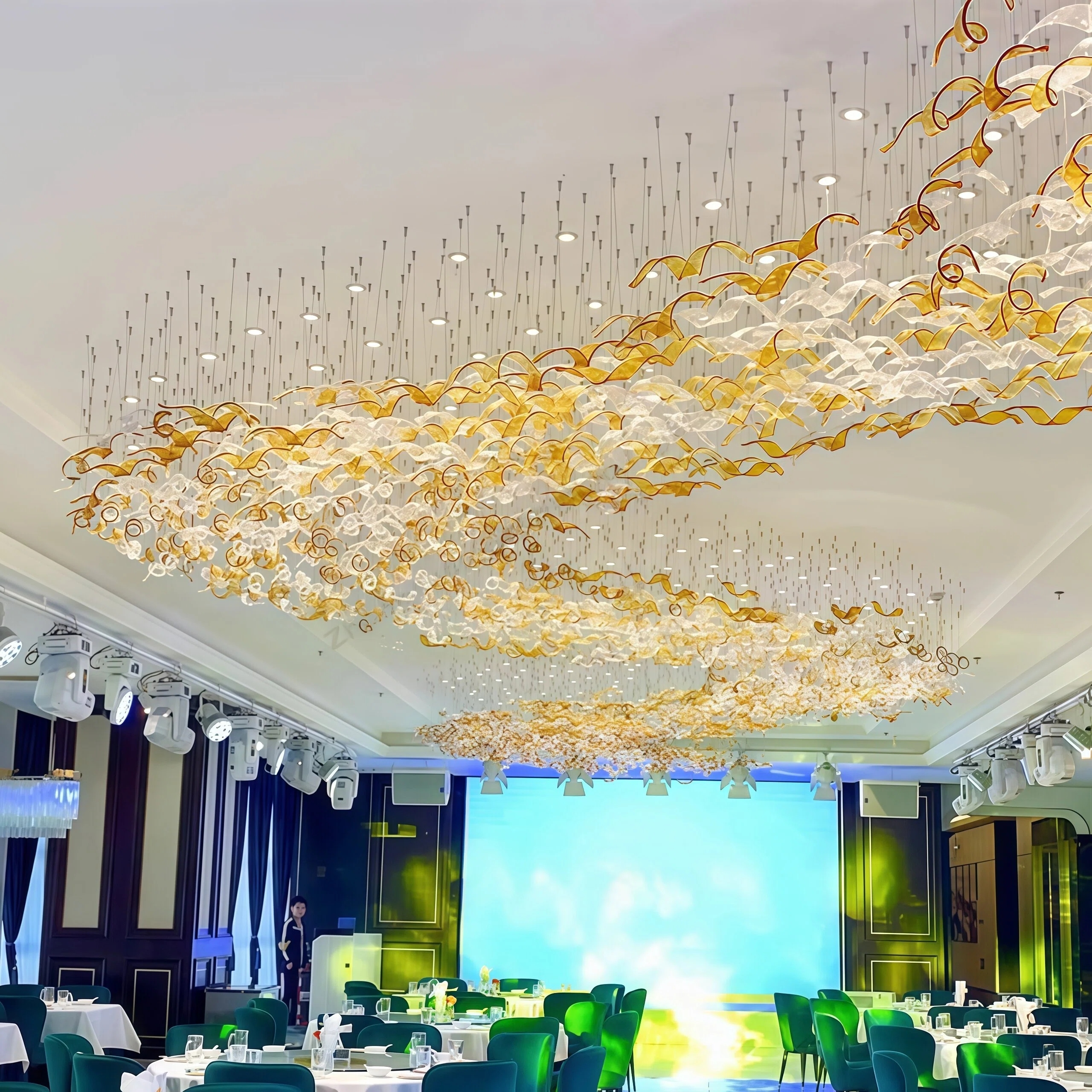 JYLIGHTING Luxury Curved Ribbon Glass Art Chandelier, Custom Hanging Decorative Ceiling Light for Hospitality & Large Interior Project