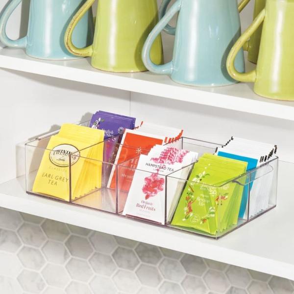 Plastic Condiment Organizer and Tea Bag Holder - 8-Compartment Kitchen Pantry/Countertop Storage Caddy - Divided Chip