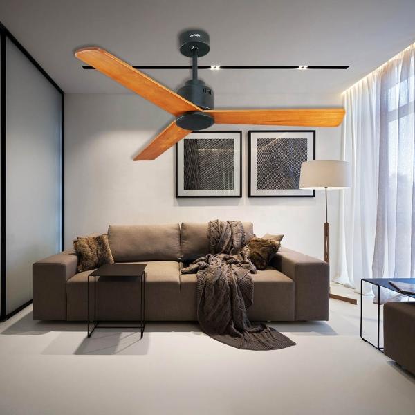 Grande ventilador de teto de fluxo de ar com lâminas de madeira curvada sem feridas e tecnologia inteligente