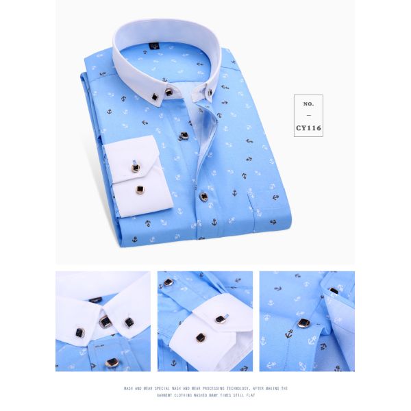 Men's Slim Plaid Printed Long-Sleeved Shirt 100% Polyester Fabric Type and Zipper Closure