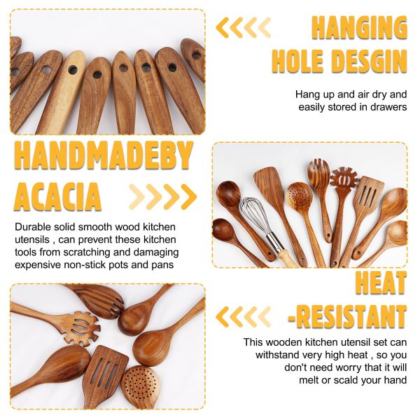 11 Piece Wooden Kitchen Utensil Set Nonstick Spoons Eco - Friendly