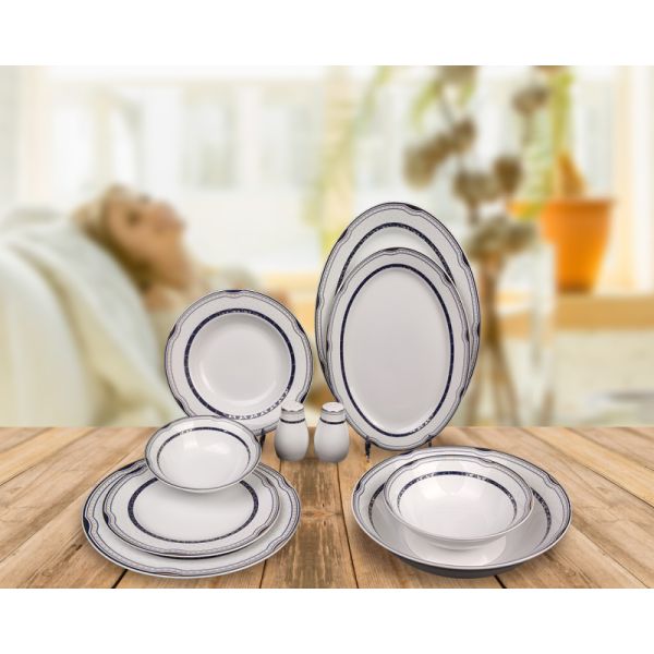 35pcs superwhite porcelain dinning set  with blue embossed flower and gold patterm