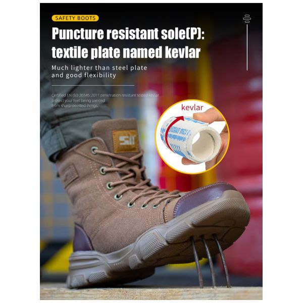 Botas de trabajo de seguridad ligeras marrones, transpirables, zapatos de pie de acero ancho, flexibles