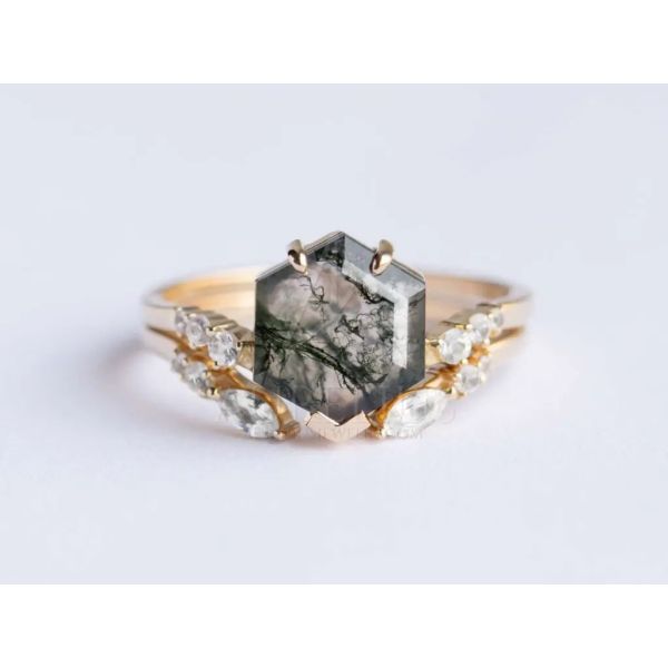 Large Hexagon Moss Agate Statement Wedding Cluster Ring Set