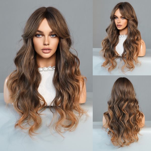 Fashion Long Body Wave Highlighted Hair Brown/Blonde Synthetic Wigs For Women