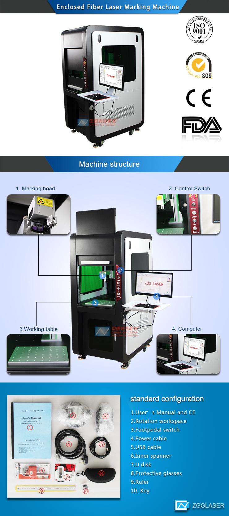 100W Fully Enclosed Fiber Laser Marking Machine for Printing Logos on Stainless Steel Aluminum