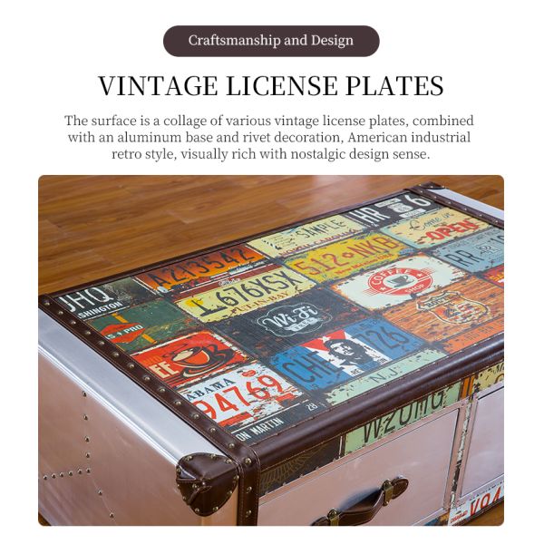 Nidea #8657 Industrial Style Aluminum License Plate Vintage Handmade Durable Coffee Table Cabinet 2 Drawers for Whisky 