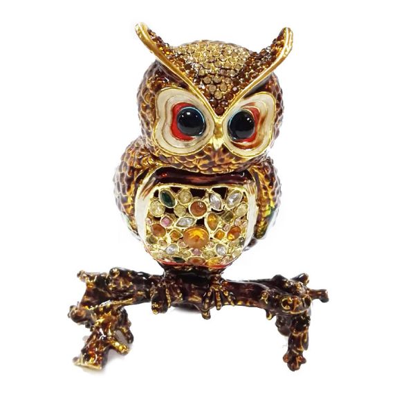 Beautiful owl handpaint metal jewelry box rhinestone owl birds enamel trinket boxes