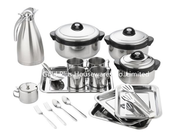 19pcs Cooking pots and pans set serving tray steel work food warmer soup pot coffee thermos pot milk mug