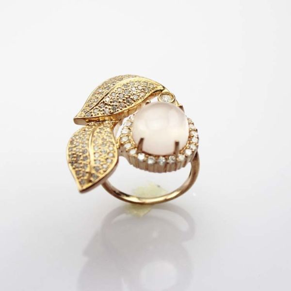 Rose Gold Plated 925 Silver Ring withGenuine Rose Quartz and Cubic Zirconia (R215)
