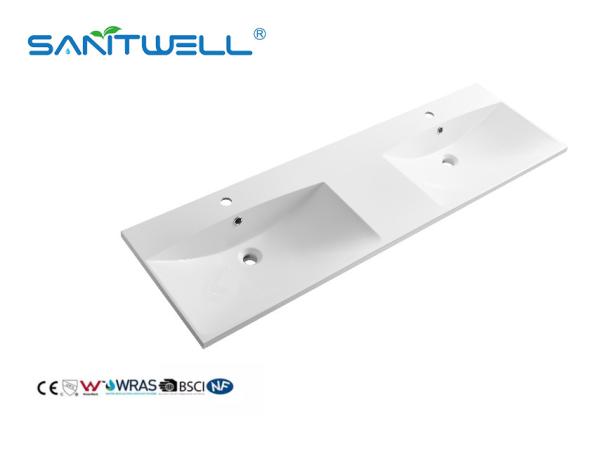 Wholesale China SW1524-D Suppliers Double Hand Stone Resin Basins Thin Edge Rectangle Shape Cabinet Basins For Hotel.