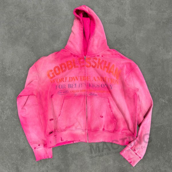 Custom 500 Gsm Heavyweight Distressed Hoodie Zip Up for Men/Unisex in Autumn
