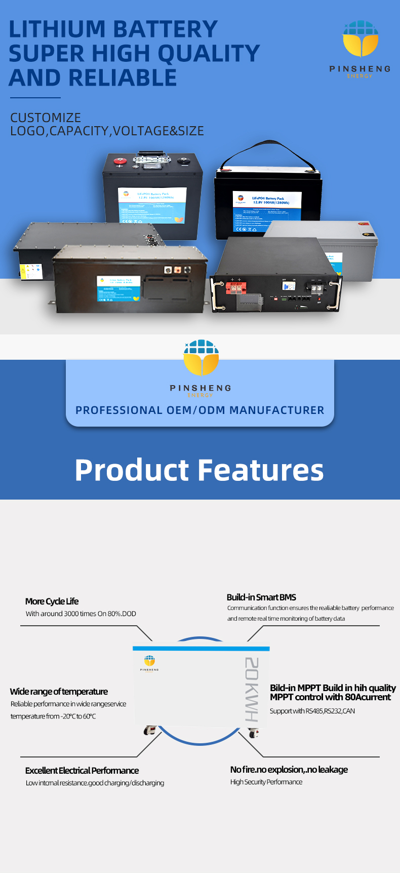 Pinsheng en gros batterie lifepo4 200ah batterie de stockage d'énergie pour la maison 10kwh 20kwh pour le solaire