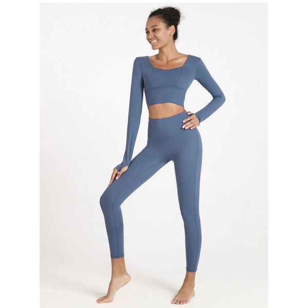 High Waist Yoga Workout Clothes Breathable Yoga Leggings Top Set With Thumb Hole