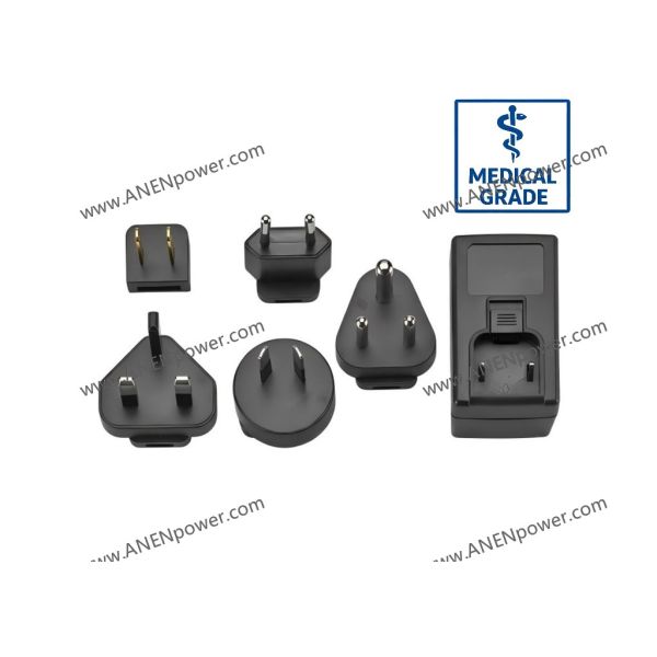 36W Isolated Medical AC/DC Power Supply, 2×MOPP & Interchangeable Plug, 12V 3A / 24V 1.5A